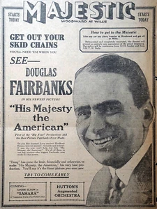 Anuncios de teatro de periódicos de Detroit 1919 - Douglas Fairbanks, His Majesty The American - Imagen 1 de 2