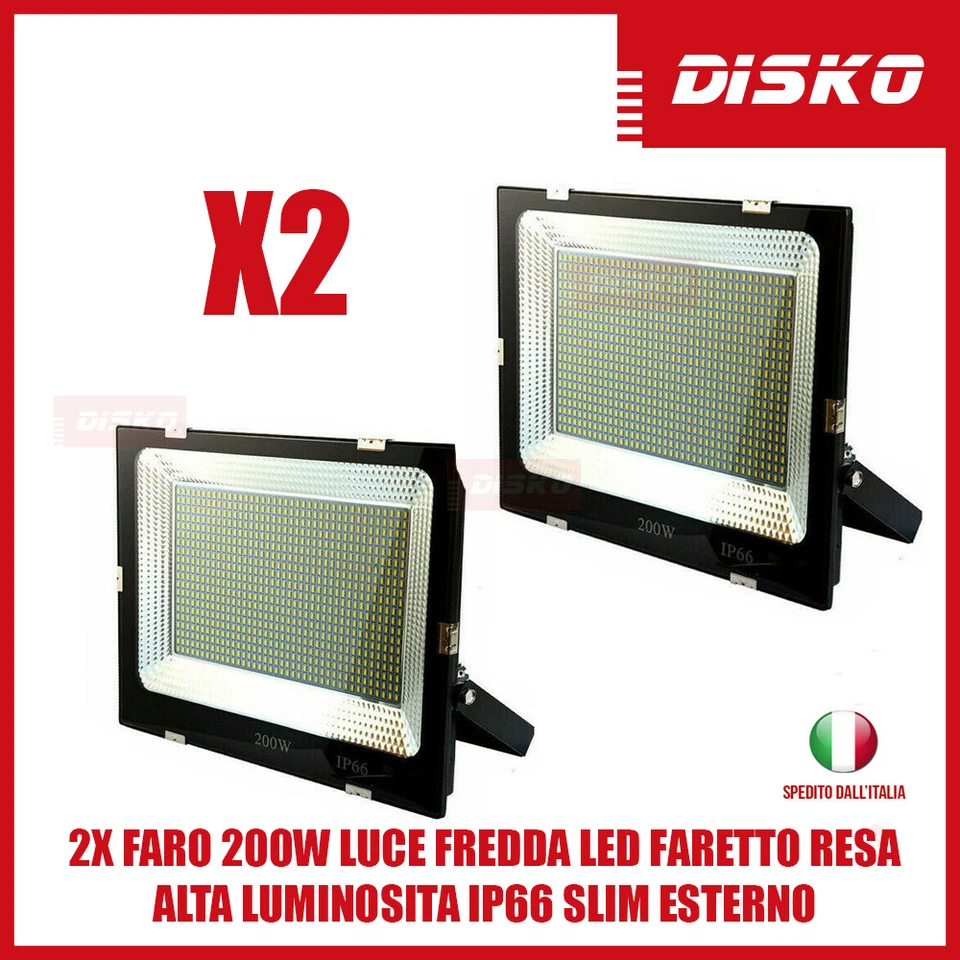 2X FARO 200W LUCE FREDDA LED FARETTO RESA ALTA LUMINOSITA IP66 SLIM ESTERNO - Immagine 1 di 1