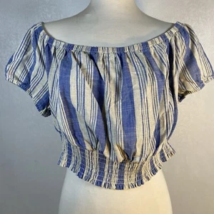 Torrid sz 00 M/L Blue Striped Off Shoulder Crop Top Linen Blend Short Sleeve NEW - Picture 1 of 11