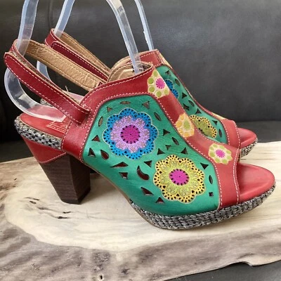 SPRINGSTEP Lartiste Sandalias Tacones Talla 37 6.5-7 Cuero Rojo Floral Cordones BELEN Foto 1 de 4