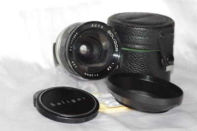 M42 28mm f2.8 SOLIGOR Lens Caps & Original Leather Case + Lens Hood VGC - Image 1 of 4