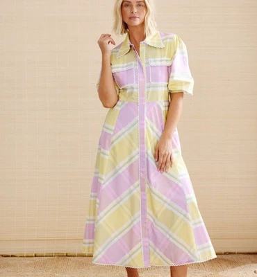 Vestido Binny Roller Talla AU-UK 12 US 6 Rosa Pastel Cuadros Limón Manga Larga Maxi Foto 1 de 4