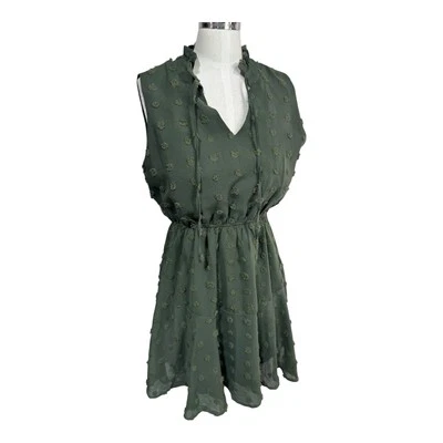 Simplee Swiss Dot Chiffon Ruffle Mini Dress Army Green Sleeveless Women's Small - Image 1 of 4