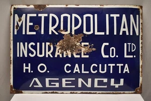 Vintage Metropolitan Insurance Company Enamel Sign Calcutta India Agency Board - Picture 1 of 5