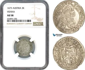 AI324, Austria, Leopold I, 3 Kreuzer 1673, Vienna Mint, Silver, NGC AU58 - Picture 1 of 1