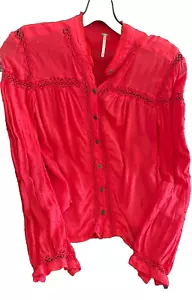 Free People Red Bohemian Long Sleeve Button Up Blouse Top Plumeti Lace X-Small - Picture 1 of 8