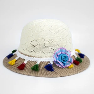 Children Kids Summer Straw Hat Sunhat Flower Visor Tassels Beach Foldable - Picture 1 of 16