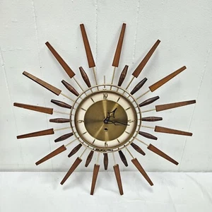 Vintage MCM Sunburst Starburst Key Wind-Up Wall Clock WORKS Brass& Wood - Picture 1 of 10