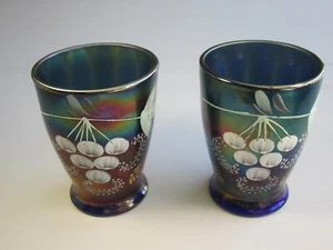 2 Antique Hand Painted Blue Northwood Carnival Glass Enameled Cherries Tumblers - Picture 1 of 6