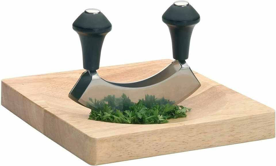 Mezzaluna Hevea Wooden Chopping Board Stainless Steel Double Blade Herb Chopper - Image 1 of 4