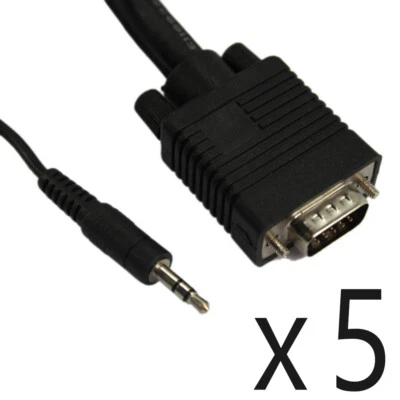 5 Pack Lot - 6ft VGA SVGA Video + 3.5mm Stereo Audio PC Laptop to Monitor Cable - Image 1 of 2