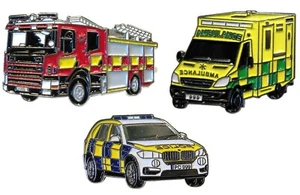 Fire Engine Ambulance Police Car 999 Emergency Services Vehicles Badges Set NEW - Picture 1 of 4