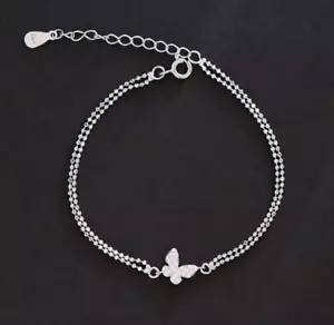 925 Sterling Silver Butterfly Bracelet, Ball Bead Bracelet, Lab Created Diamond - Picture 1 of 4