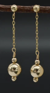 New 14K Solid Yellow Gold Round 8mm Shiny Bead Drop Dangle Earrings - Picture 1 of 4