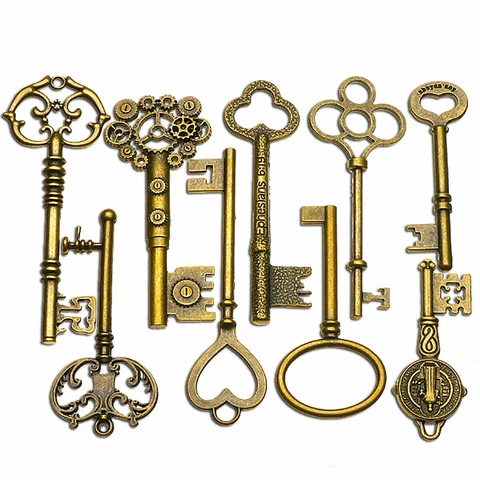 9pcs Vintage Skeleton Key Set Charms Mixed Antique Style Bronze for Pendant DIY Cover