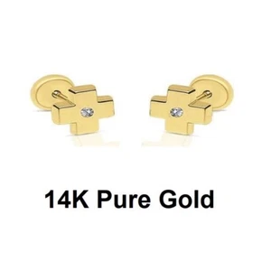 14K Pure Yellow Gold Balance Cross with white stone Stud Earring - Picture 1 of 3
