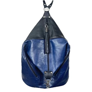 LARGE LEATHER Navy Black Leather backpack External Pockets NEW W/O Tags - Picture 1 of 14