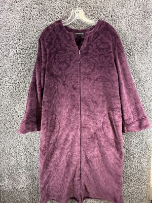 Miss Elaine Robe Women's Medium Burgundy Plush Velvet Embossed Floral Front Zip - Image 1 of 4