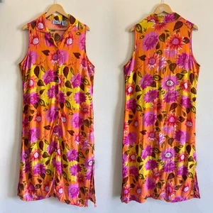 Vintage Jane Ashley Tank Dress Womens 1X Orange Floral Maxi Button Up Collared - Picture 1 of 9