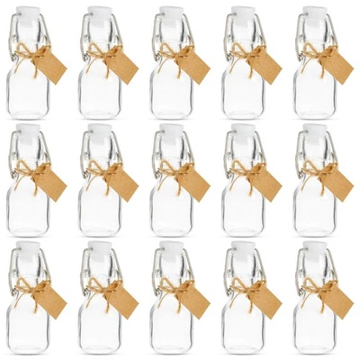 Paquete de 15 botellas pequeñas de vidrio con tapa abatible, 2 oz/60 ml con etiquetas y cuerda Foto 1 de 4