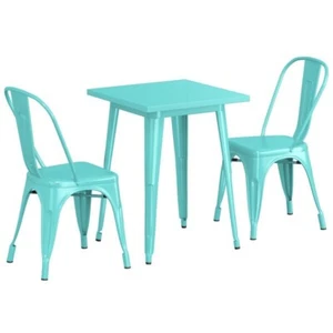 23.5'' Square Seafoam Metal Restaurant Table Set with 2 Chairs For Outdoor Use - Picture 1 of 8