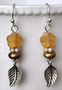 Beautiful Mixed Metal Golden Amber Flower with Silver Leaf Earrings. Bloom - Picture 1 of 3