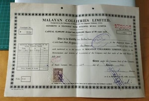 Federation of MALAYA Old Share Certificate 1960 Malayan Collieries Limited B538 - Picture 1 of 7