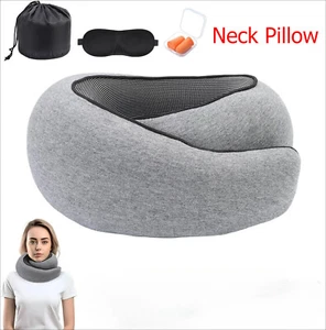 U-Shaped Airplane Neck Pillow Gray Neck Pillow for Travel Memory Foam Stowable - Picture 1 of 10