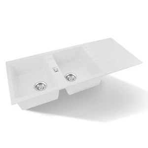 Granite Quartz Stone Double Bowls Basin White Kitchen Laundry Sink Drainer Board - Picture 1 of 10