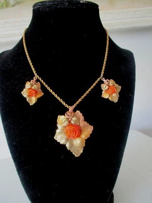 Antique Three tone Gold Necklace With Carve Coral Roses  Gold Over Silver - Image 1 of 4