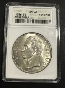 1936 Venezuela 5 Bolivar ANACS MS 64 - Picture 1 of 2