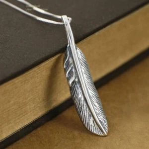 S925 Sterling Silver Biker Feather Pendant Charm Necklace For Men Women A2017 - Picture 1 of 8
