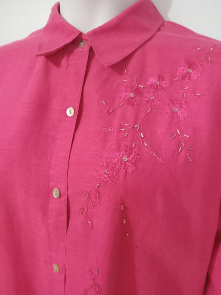 LAURA SCOTT Women 20W Pink Linen Blouse Collared Button Up Beaded Sequin Shirt - Image 1 of 4