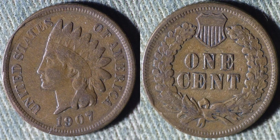 Error: Centavo indio de 1907 clip inusual K 9-11 diagonal muestra en rev IREC1063 Foto 1 de 1