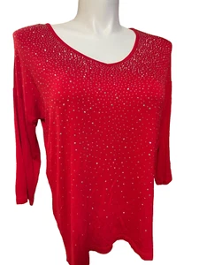 NWT Design History Top Women Red Beaded SZ L 3/4 Sleeve Pullover Stretch - Picture 1 of 2