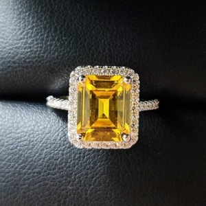 3CT Yellow Emerald Cut Halo Simulated Bridal Wedding Ring 14K White Gold Plated - Picture 1 of 6