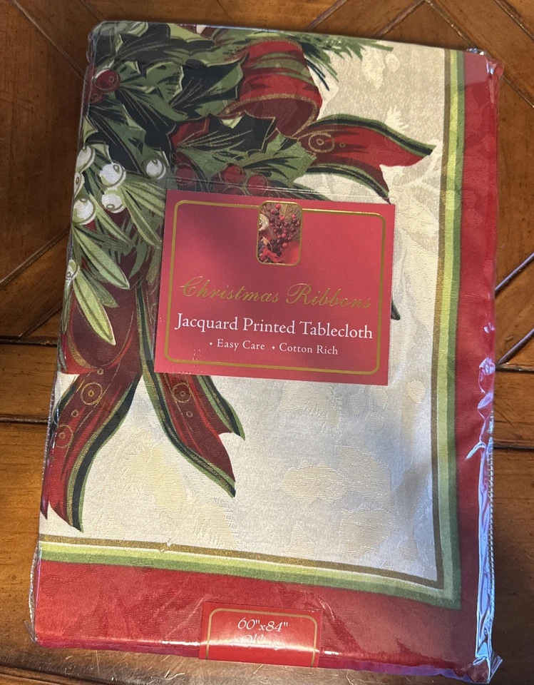 Christmas Ribbons Engineered Printed Fabric Table Cloth, Winter, Holiday 60”x84 - Image 1 of 4