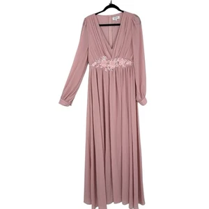 Faeriesty Chiffon Maxi Dress Size XL Pink Mauve Floral Applique Lantern Sleeves - Picture 1 of 15