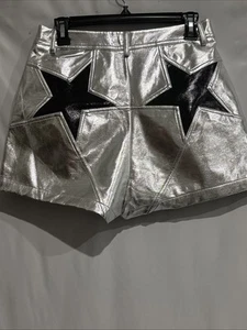 Nasty Gal Silver Faux Leather Short Sz 6 Star Pockets Cowboys Where Them Fans At - Picture 1 of 10