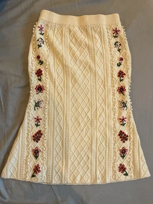 Altuzarra Wool Knit Skirt Cream Cable Embroidered Flowers Size Small - Image 1 of 4