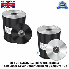 200 x MediaRange CD-R 700MB 80min 52x Speed Silver Unprinted Blank Black Dye Tub