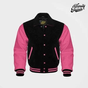 Black body Light Pink Sleeves Premium Varsity Jacket Letterman Baseball College - Picture 1 of 5