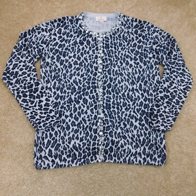 Quacker Factory Sweater Womens Medium Black Cardigan Beaded Button Up Leopard - Image 1 of 4
