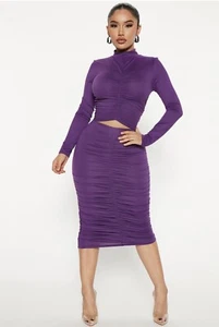 Women’s 2 Piece Fashion Long Top And Ruched Midi Skirt Set Purple Size M - Picture 1 of 4