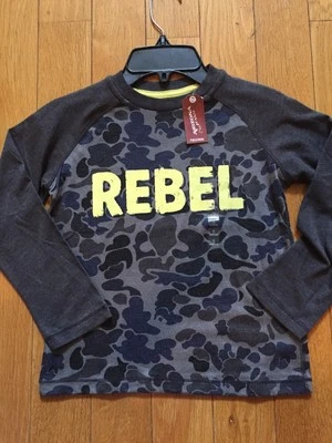 NWT Arizona Boys Sz 6 Long Sleeve T Shirt  Gray Camo With REBEL In Yellow - Image 1 of 4