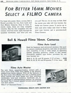 Anuncio impreso de Bell & Howell Filmo 1943 16 mm carga automática y cámaras de película maestras automáticas - Imagen 1 de 2