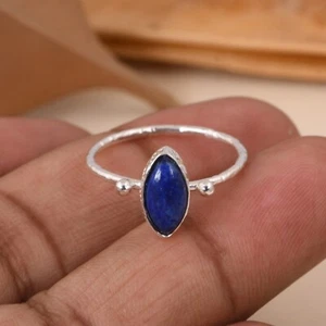925 Sterling Silver Marquise Natural Blue Lapis Gemstone Ring For Engagement - Picture 1 of 12