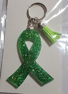 Mental Health Awarness Ribbon Keychain Green Glitter