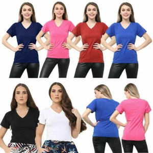 Womens Ladies Girls Plain Short Sleeve V -NECK T-Shirt Top Plus Size Tops Shirts - Picture 1 of 17