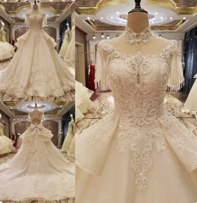 Luxury Arabic Wedding Dresses Crystals Lace High Neck Wedding Gowns Beading - Image 1 of 4